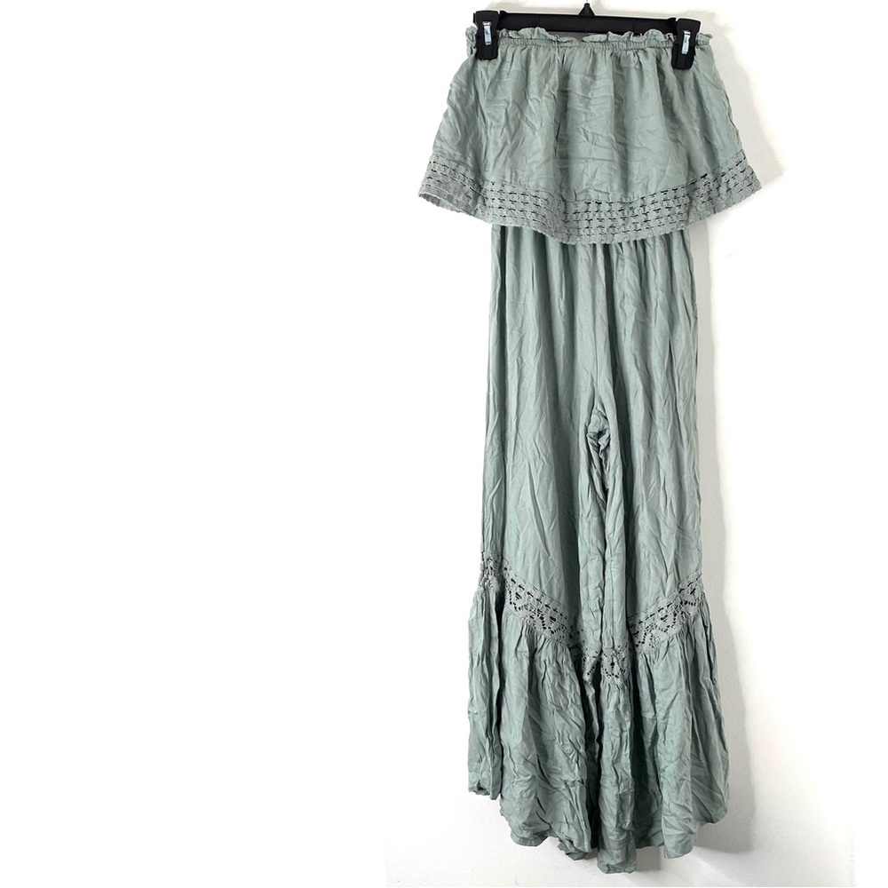 Japna Strapless Green Blue Ruffled Front Lace Wide Leg Crop Pantsuit